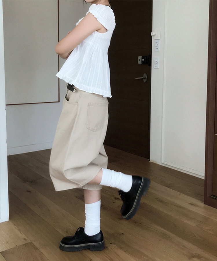 【丈別】ベーシックバミューダワイドコットンパンツ BEIGE