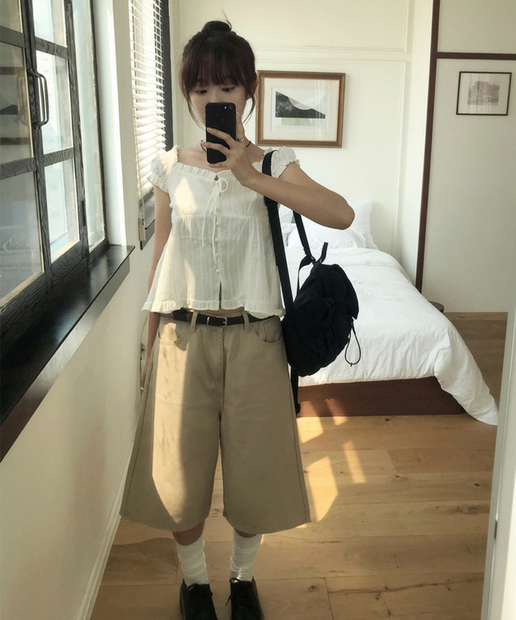 【丈別】ベーシックバミューダワイドコットンパンツ BEIGE