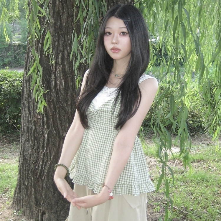 링고 나시 끈조절 레이어드 버튼 체크 나시 블라우스 그린