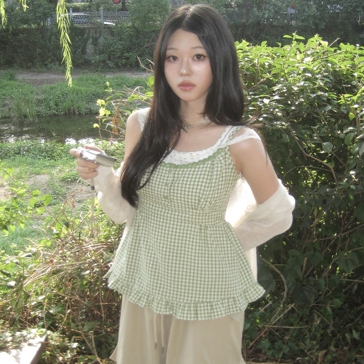 링고 나시 끈조절 레이어드 버튼 체크 나시 블라우스 그린
