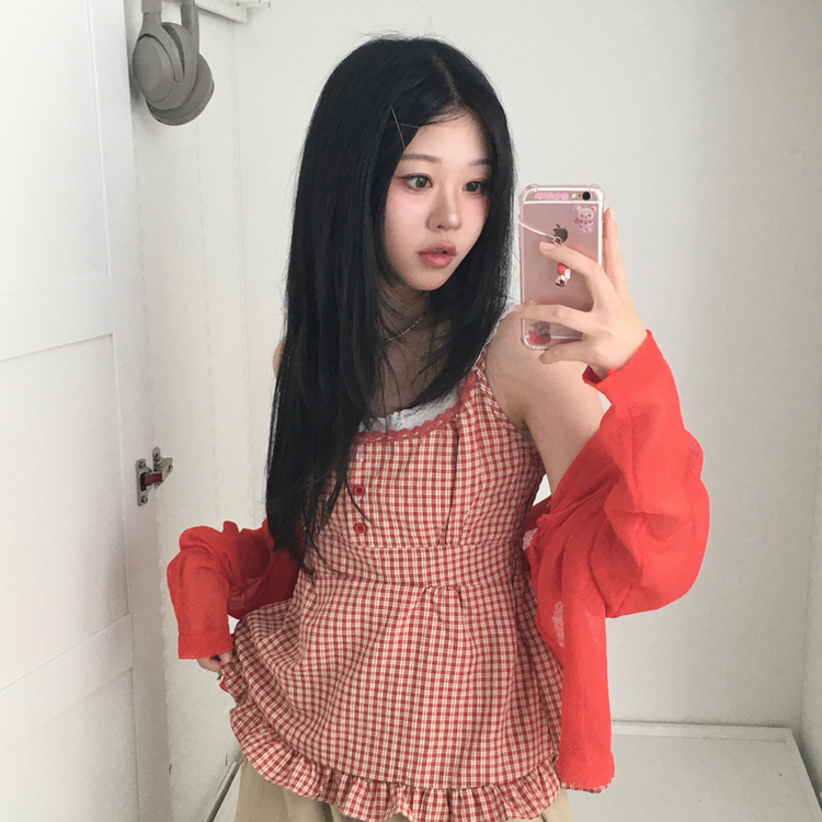 링고 나시 끈조절 레이어드 버튼 체크 나시 블라우스 레드