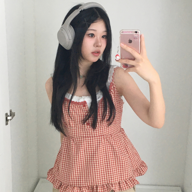 링고 나시 끈조절 레이어드 버튼 체크 나시 블라우스 레드