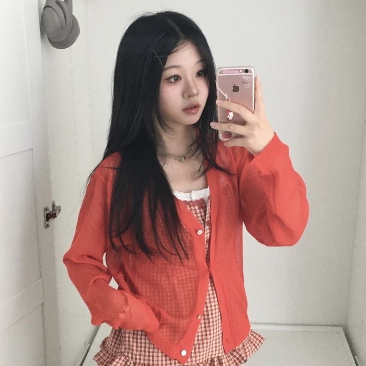 링고 나시 끈조절 레이어드 버튼 체크 나시 블라우스 레드
