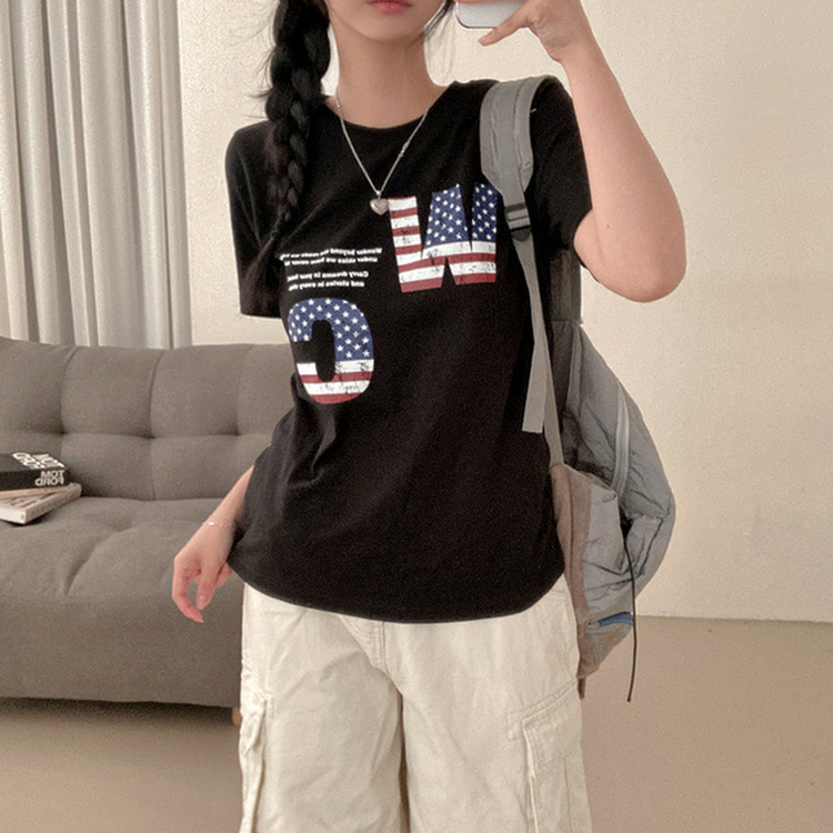 윈아메리카 세미 크롭 반팔 티셔츠 블랙