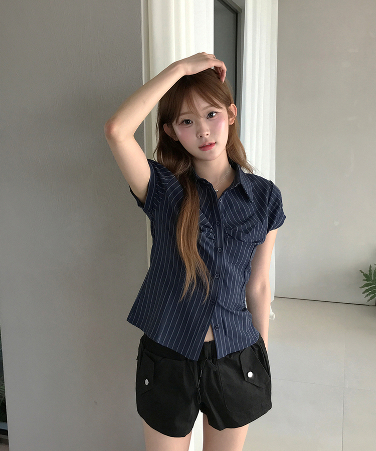 ストライプ半袖シャツ NAVY
