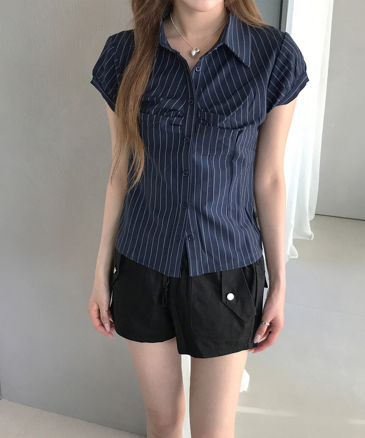 ストライプ半袖シャツ NAVY