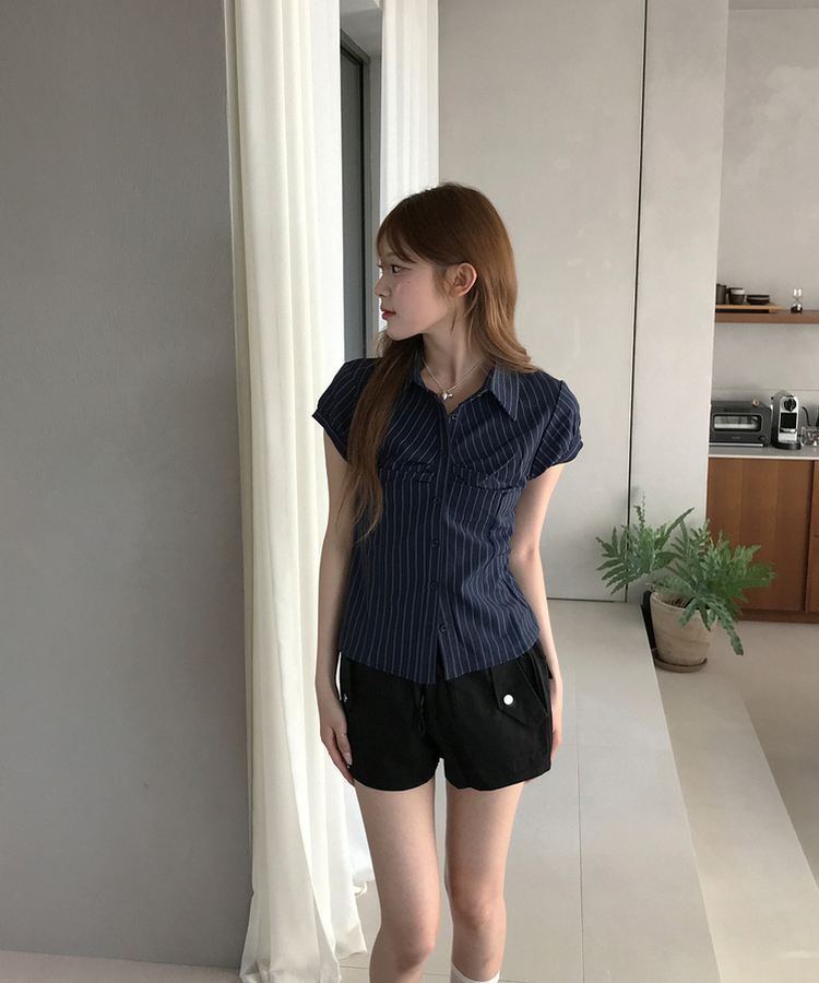 ストライプ半袖シャツ NAVY