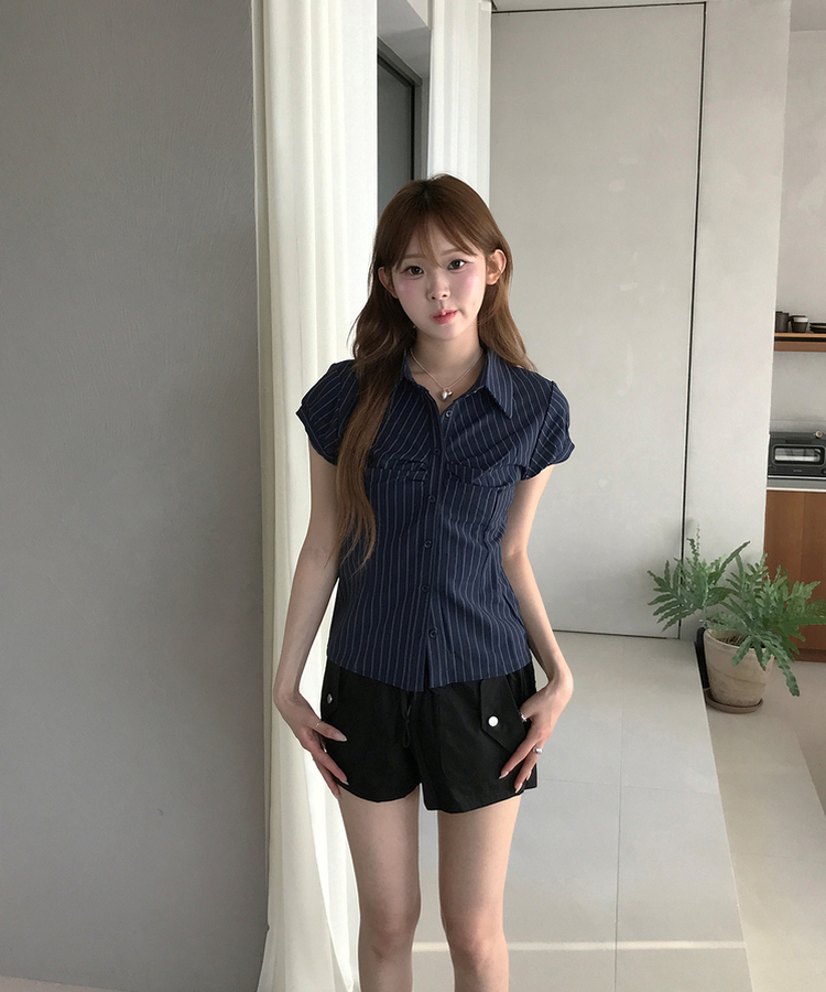 ストライプ半袖シャツ NAVY