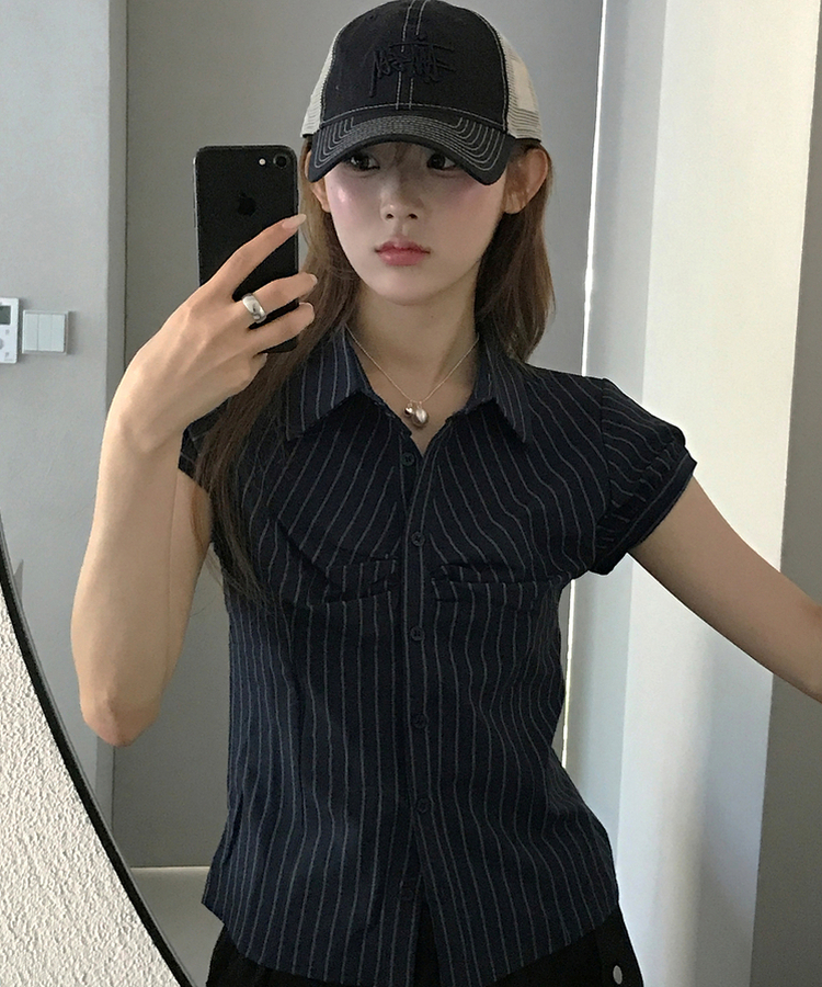 ストライプ半袖シャツ NAVY