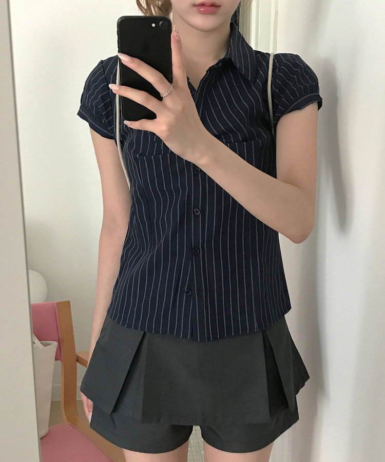 ストライプ半袖シャツ NAVY