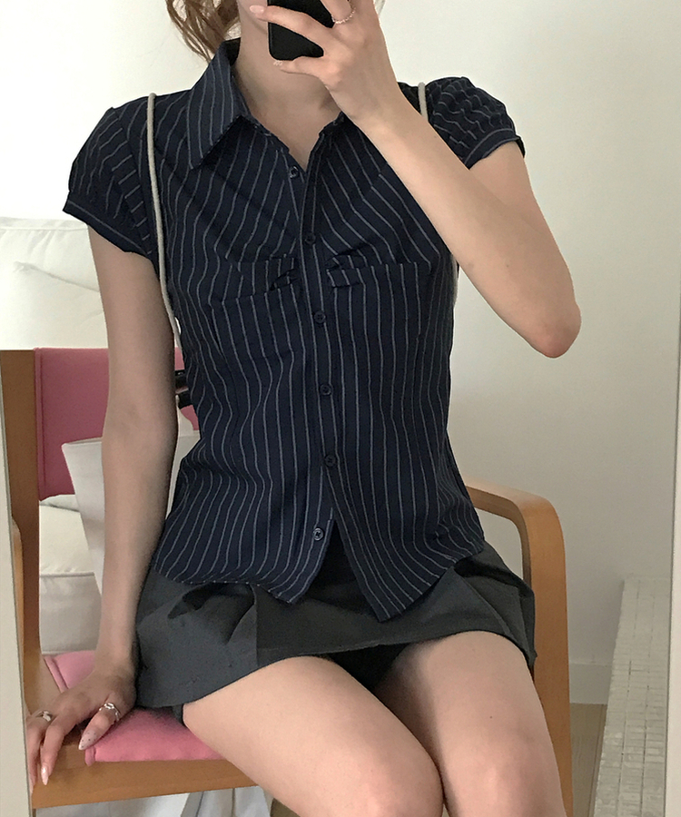 ストライプ半袖シャツ NAVY