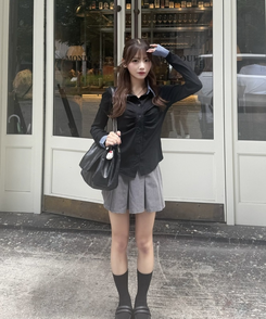 チェックレイヤード風長袖シャツ BLACK