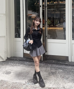 チェックレイヤード風長袖シャツ BLACK