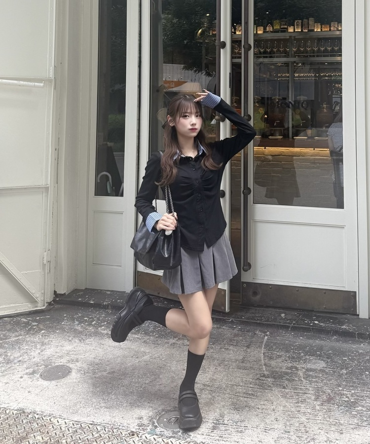 チェックレイヤード風長袖シャツ BLACK