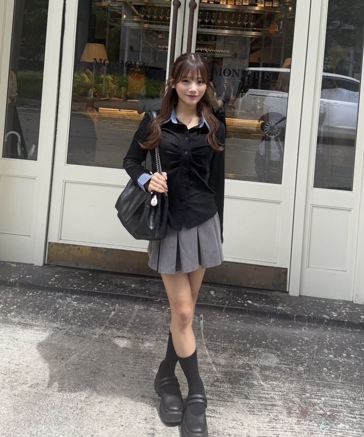 チェックレイヤード風長袖シャツ BLACK