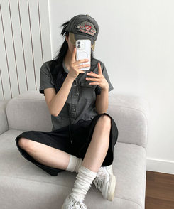 치니 백포켓 하이웨스트 허리밴딩 실버리벳 와이드 버뮤다팬츠 블랙