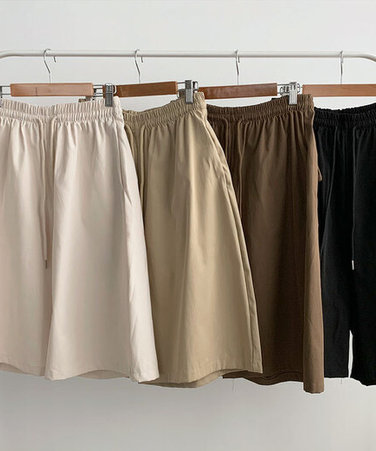 치니 백포켓 하이웨스트 허리밴딩 실버리벳 와이드 버뮤다팬츠