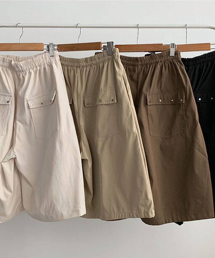 치니 백포켓 하이웨스트 허리밴딩 실버리벳 와이드 버뮤다팬츠