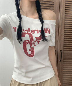 ビンテージレタリングワンオフショルダーTシャツ(7color) WHITE