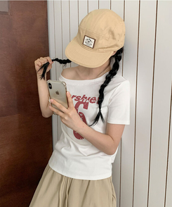 ビンテージレタリングワンオフショルダーTシャツ(7color) WHITE