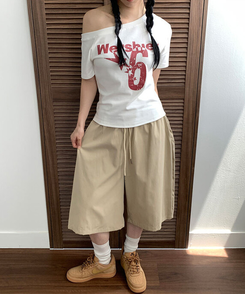 ビンテージレタリングワンオフショルダーTシャツ(7color) WHITE