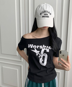 ビンテージレタリングワンオフショルダーTシャツ(7color) BLACK