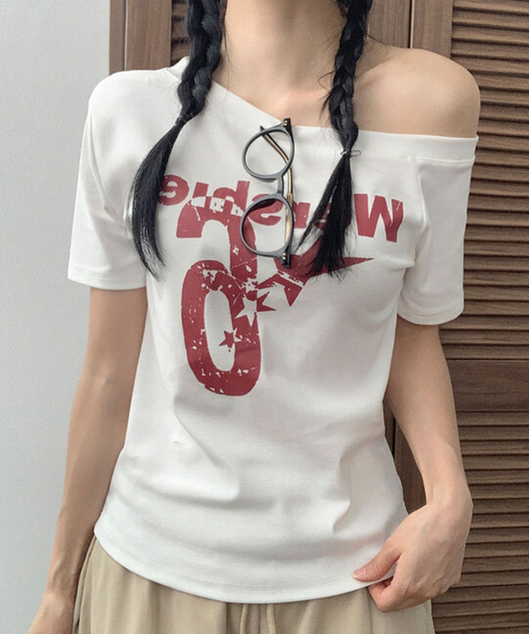 ビンテージレタリングワンオフショルダーTシャツ(7color) WHITE