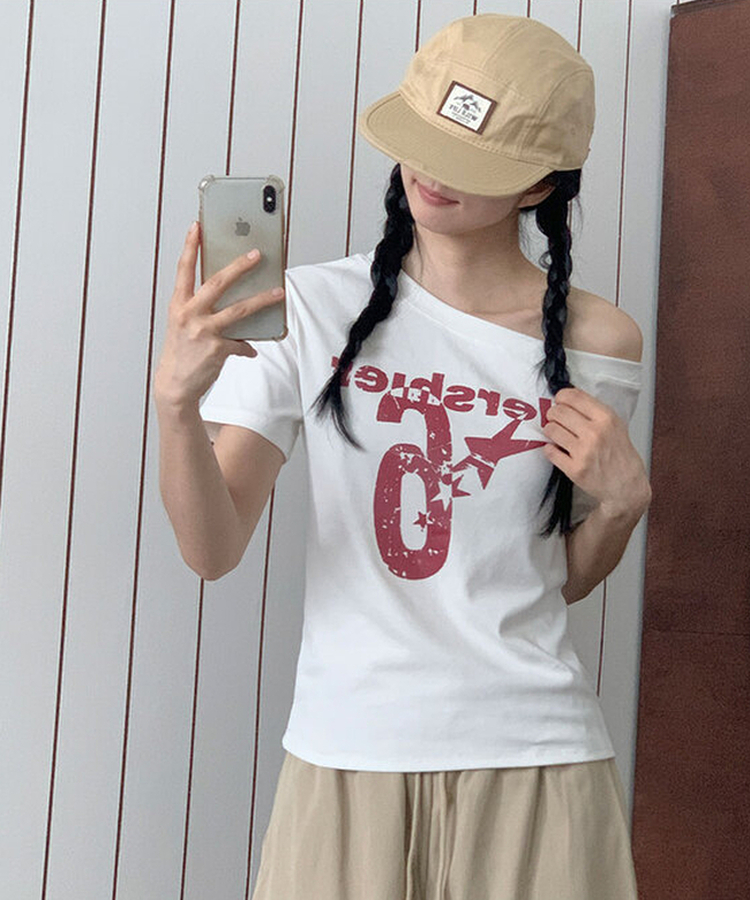 ビンテージレタリングワンオフショルダーTシャツ(7color) WHITE