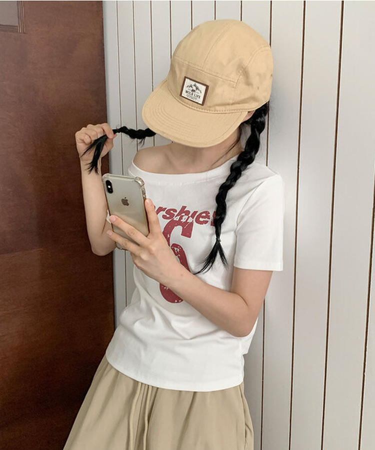 ビンテージレタリングワンオフショルダーTシャツ(7color) WHITE