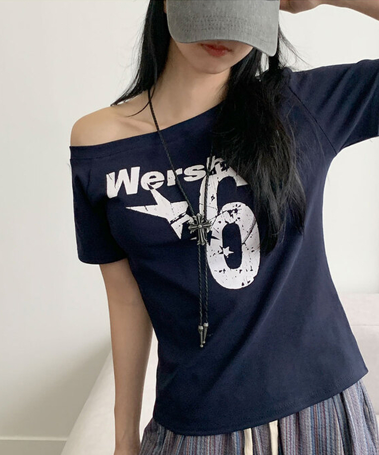 ビンテージレタリングワンオフショルダーTシャツ(7color) NAVY