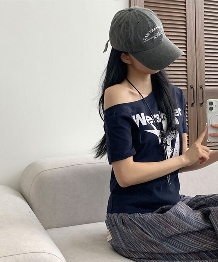 ビンテージレタリングワンオフショルダーTシャツ(7color) NAVY