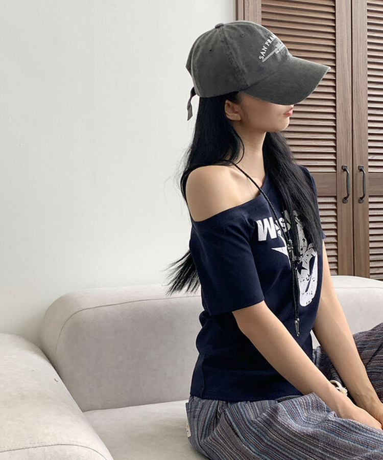 ビンテージレタリングワンオフショルダーTシャツ(7color) NAVY
