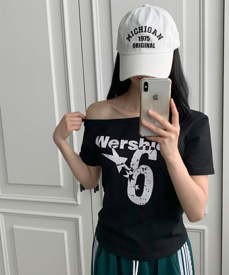 ビンテージレタリングワンオフショルダーTシャツ(7color) BLACK