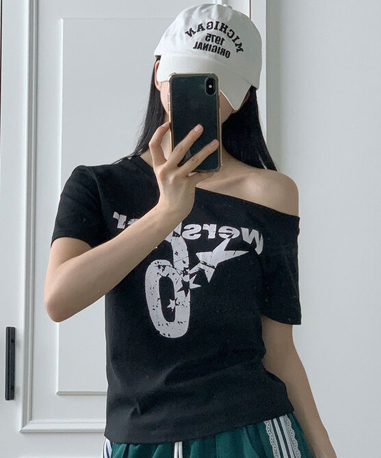 ビンテージレタリングワンオフショルダーTシャツ(7color) BLACK