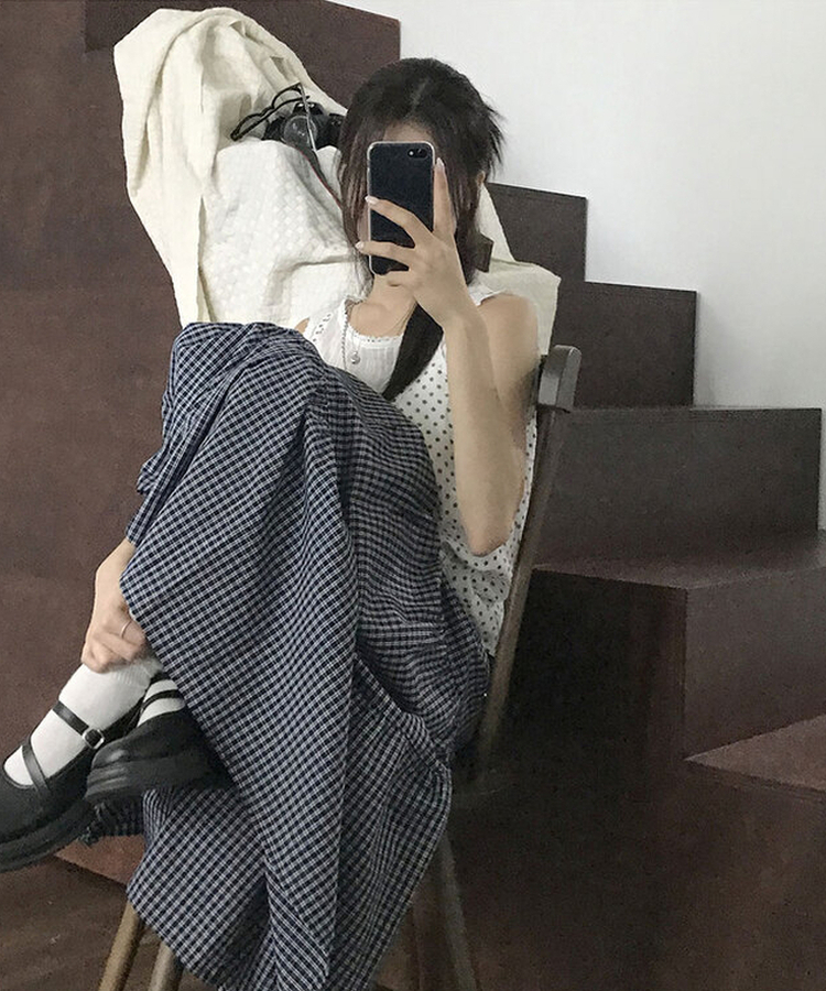 제미즈 빈티지 모리st 밴딩 체크 캉캉 플레어 롱스커트 네이비