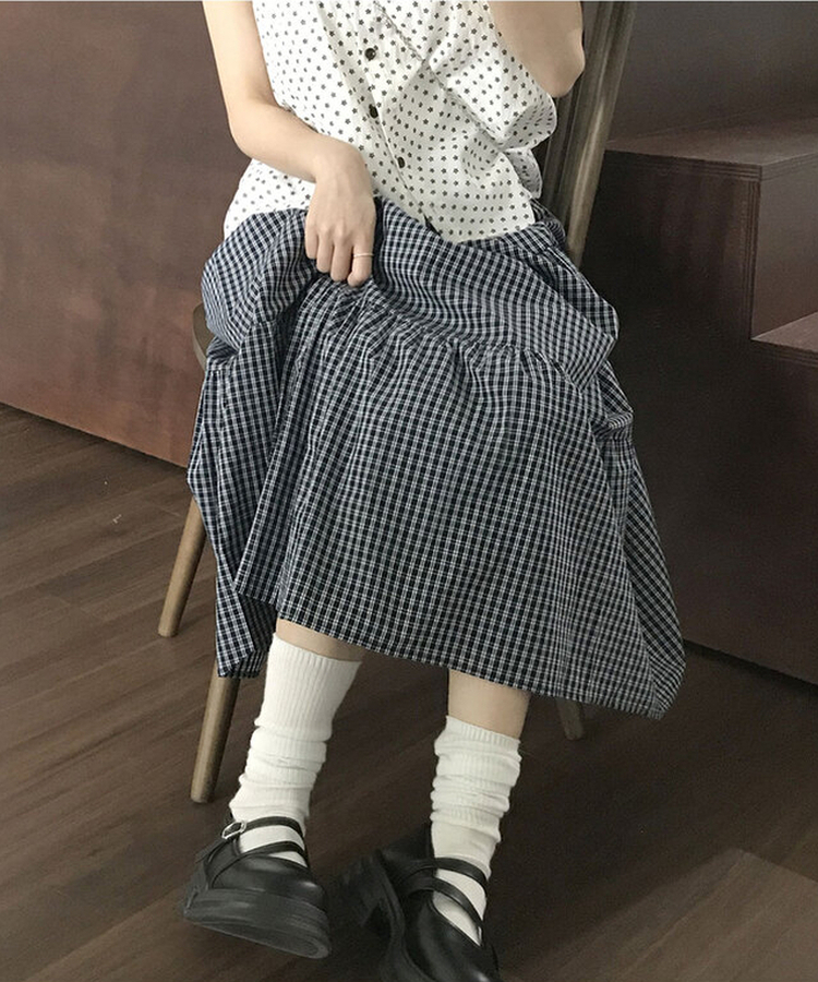 제미즈 빈티지 모리st 밴딩 체크 캉캉 플레어 롱스커트 네이비