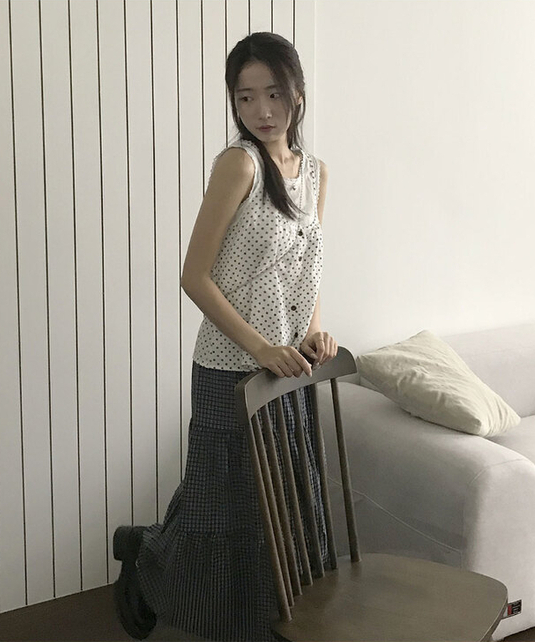 제미즈 빈티지 모리st 밴딩 체크 캉캉 플레어 롱스커트 네이비
