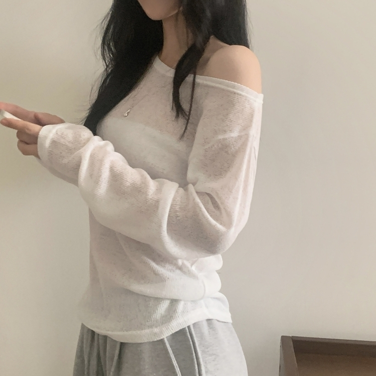 루밍 린넨 오프넥 루즈핏 긴팔니트 아이보리