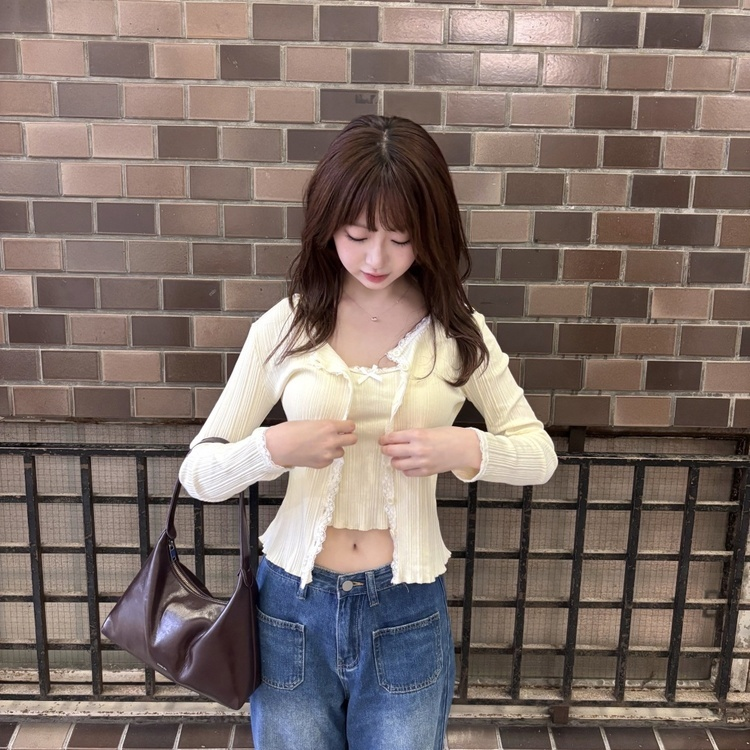 리본 레이스 끈나시 가디건 세트 베이지