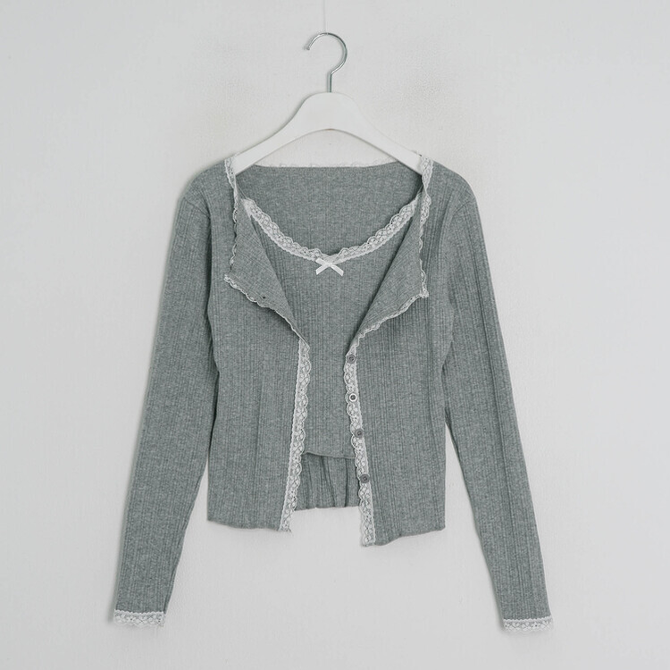 리본 레이스 끈나시 가디건 세트