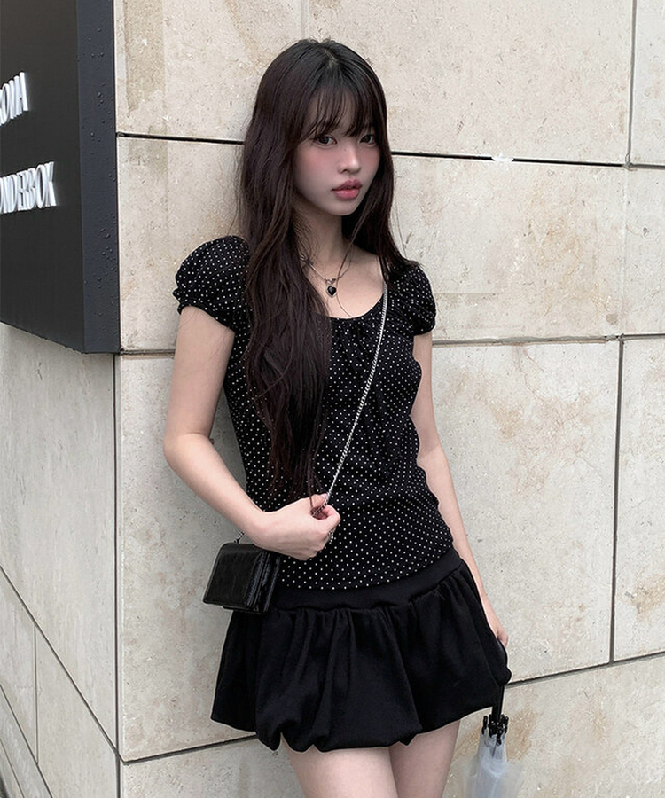 リボンドットパフ半袖ブラウス BLACK