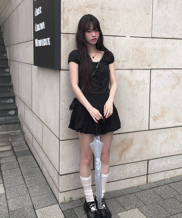 リボンドットパフ半袖ブラウス BLACK