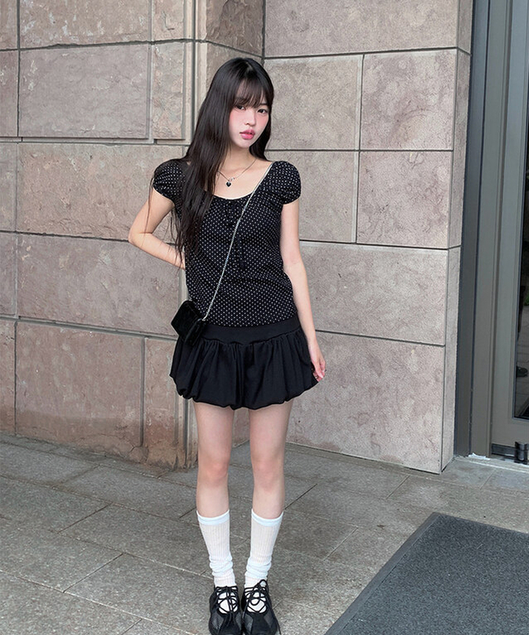 リボンドットパフ半袖ブラウス BLACK