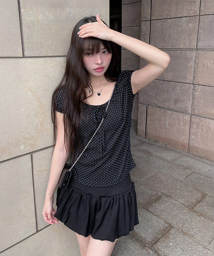 リボンドットパフ半袖ブラウス BLACK