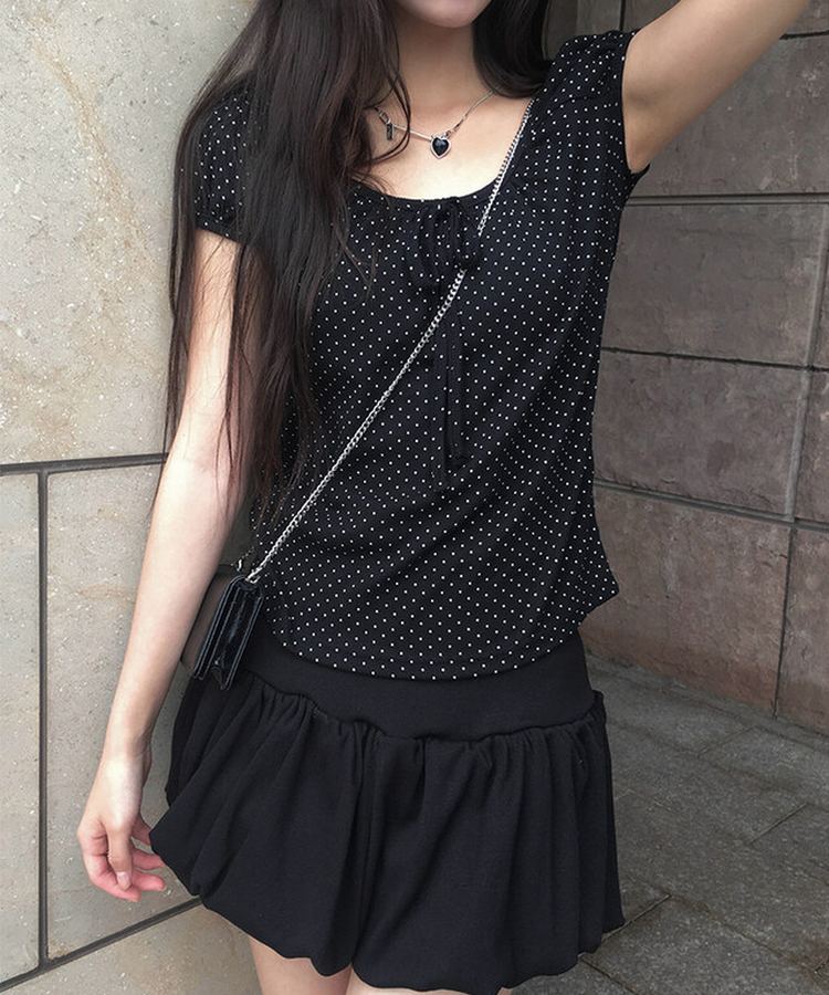 リボンドットパフ半袖ブラウス BLACK