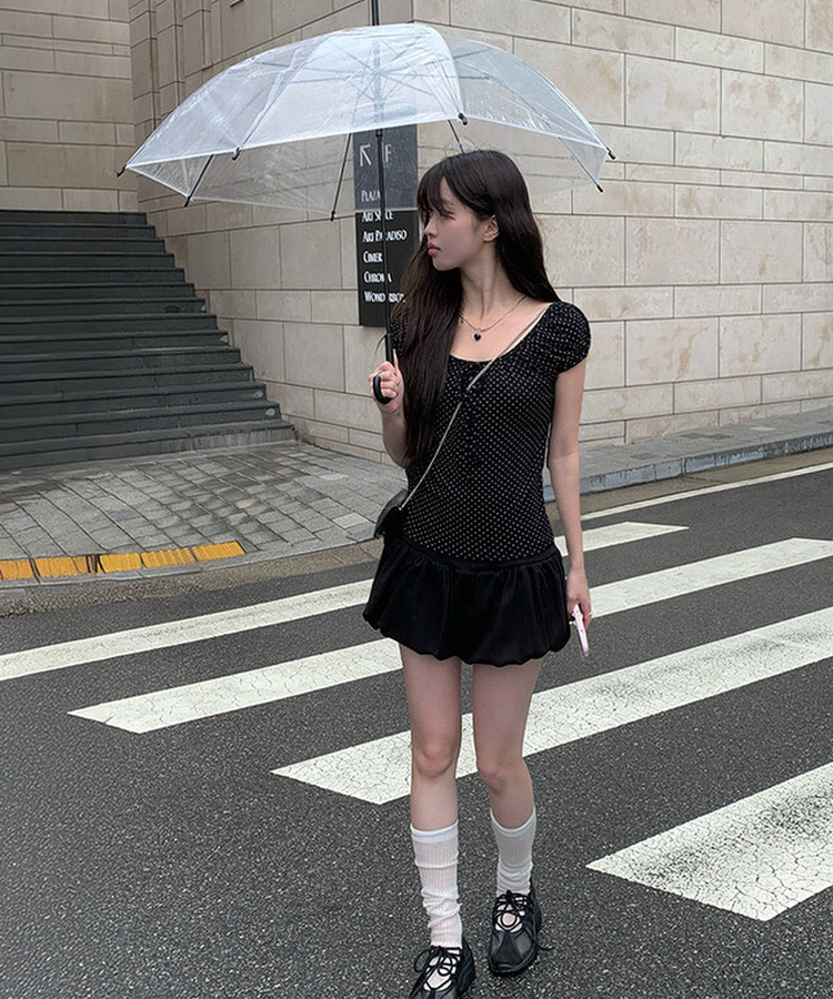 リボンドットパフ半袖ブラウス BLACK