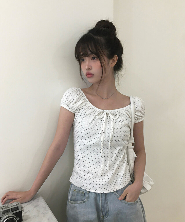 リボンドットパフ半袖ブラウス IVORY
