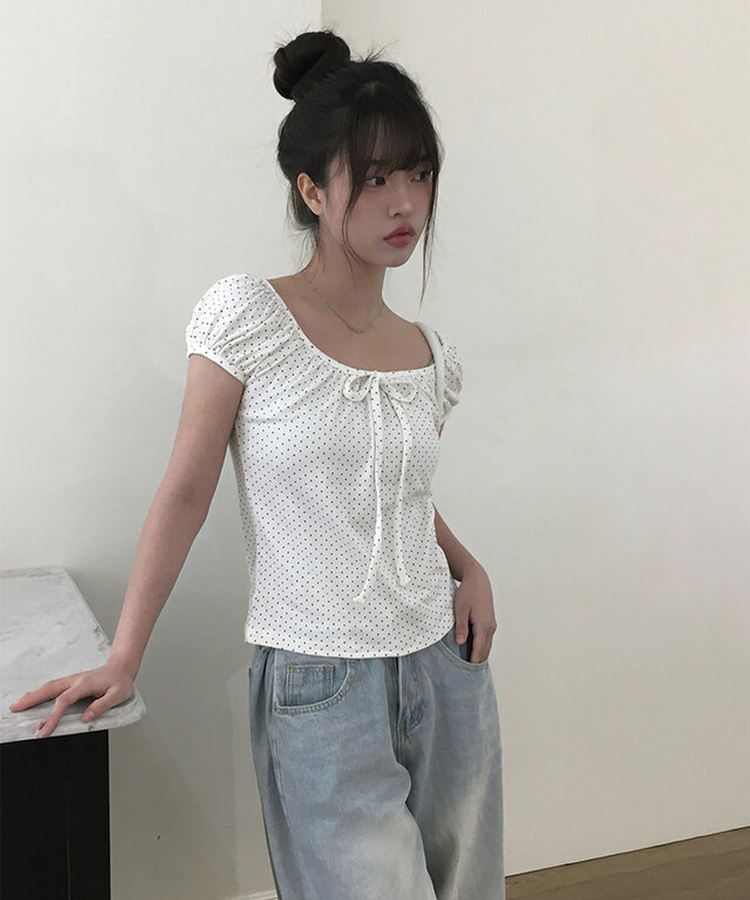 リボンドットパフ半袖ブラウス IVORY