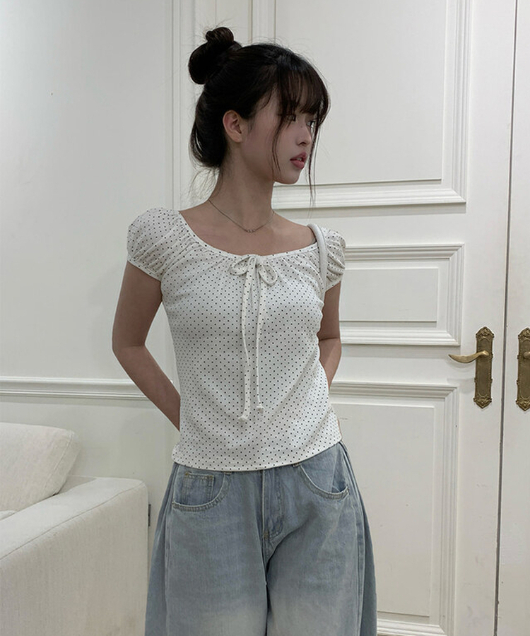 リボンドットパフ半袖ブラウス IVORY