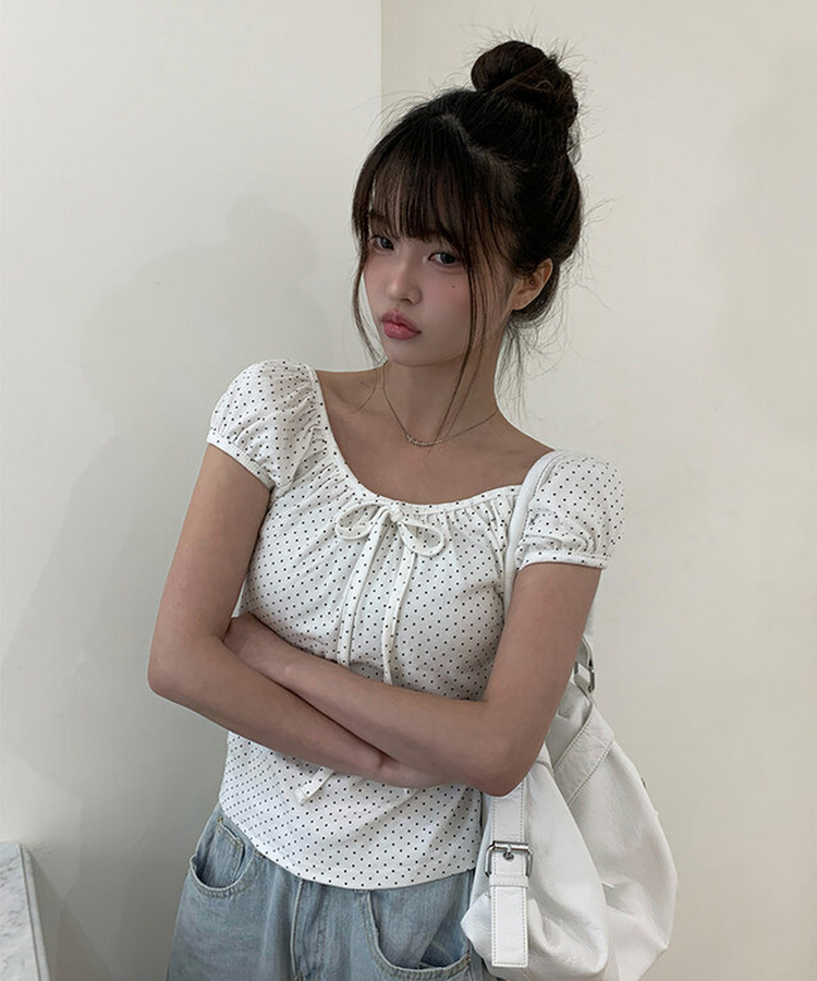 リボンドットパフ半袖ブラウス IVORY